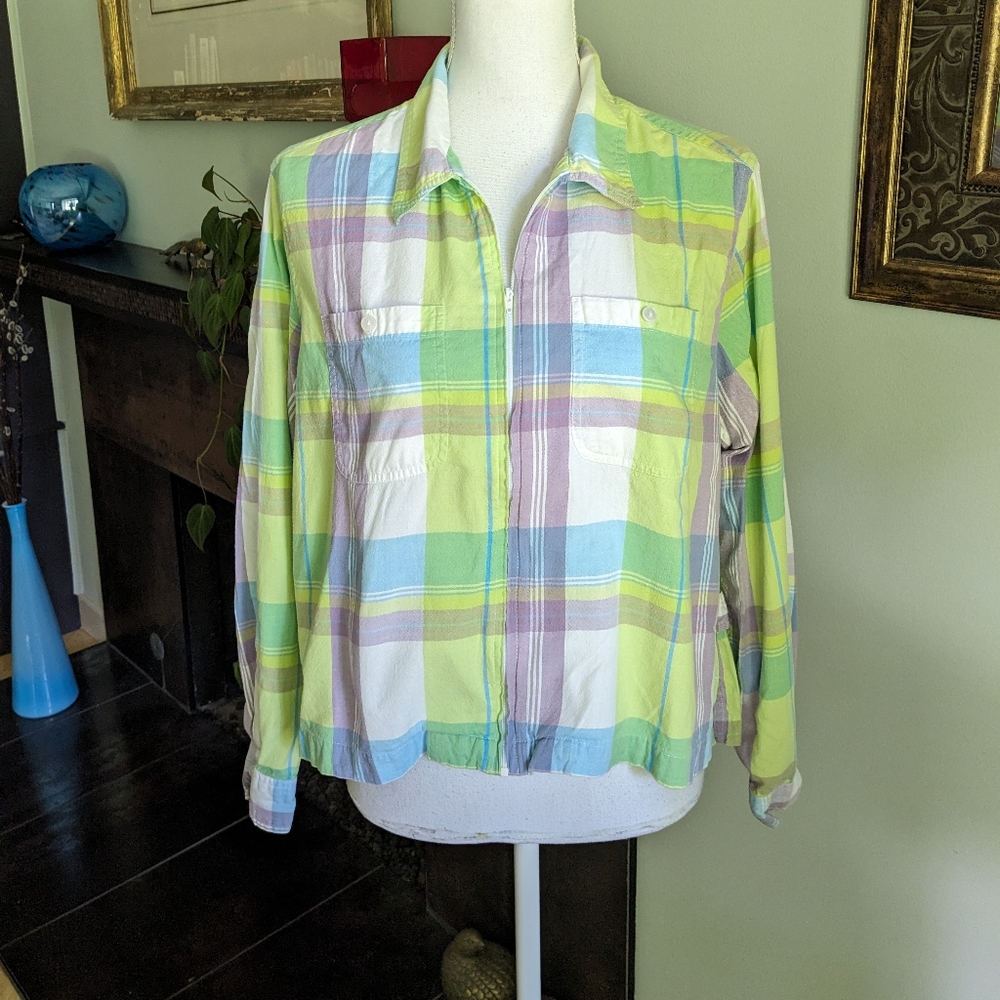 Y2K Style Plaid Jacket Zip Front Cotton Crop Length Womens Large Lime Purple 189